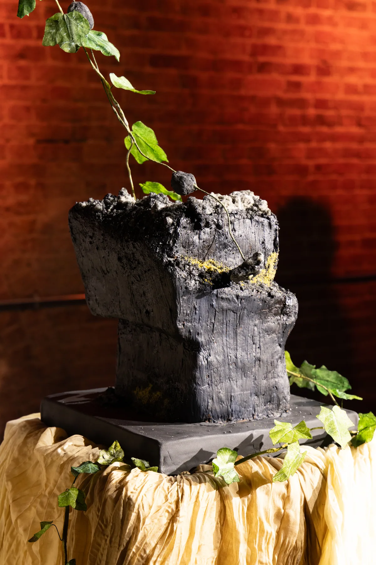 C and S’s sculptural wedding cake displayed at their celebration