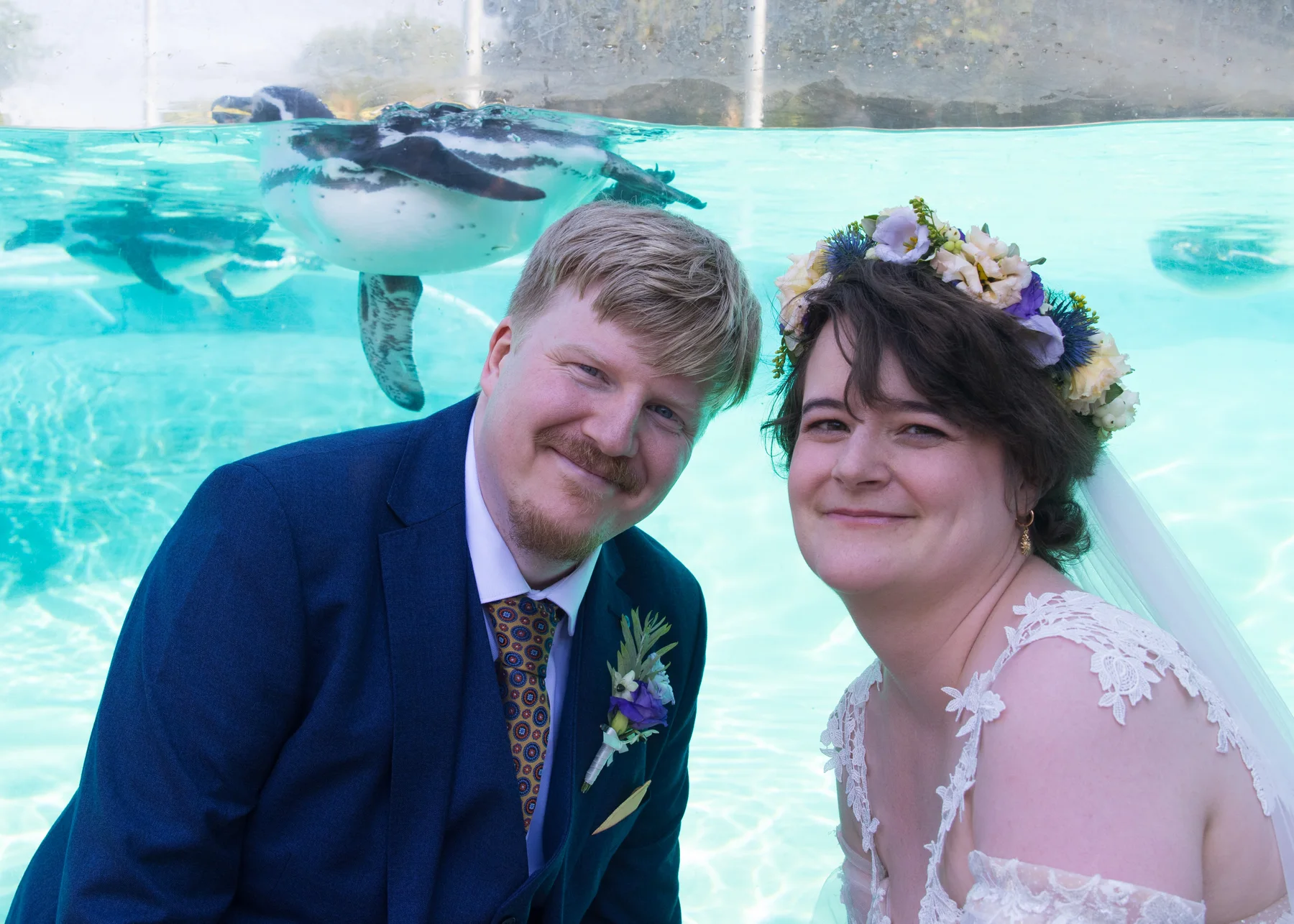 Frankie and Craig smiling beside the swimming penguins