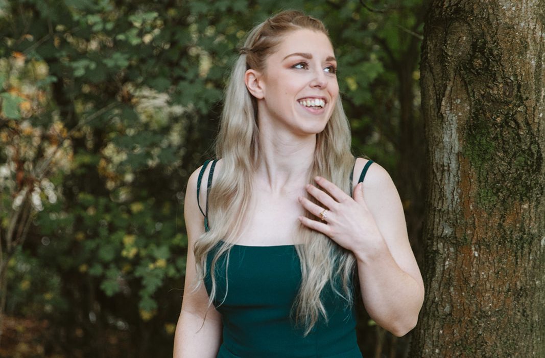 Bride wearing a green wedding dress